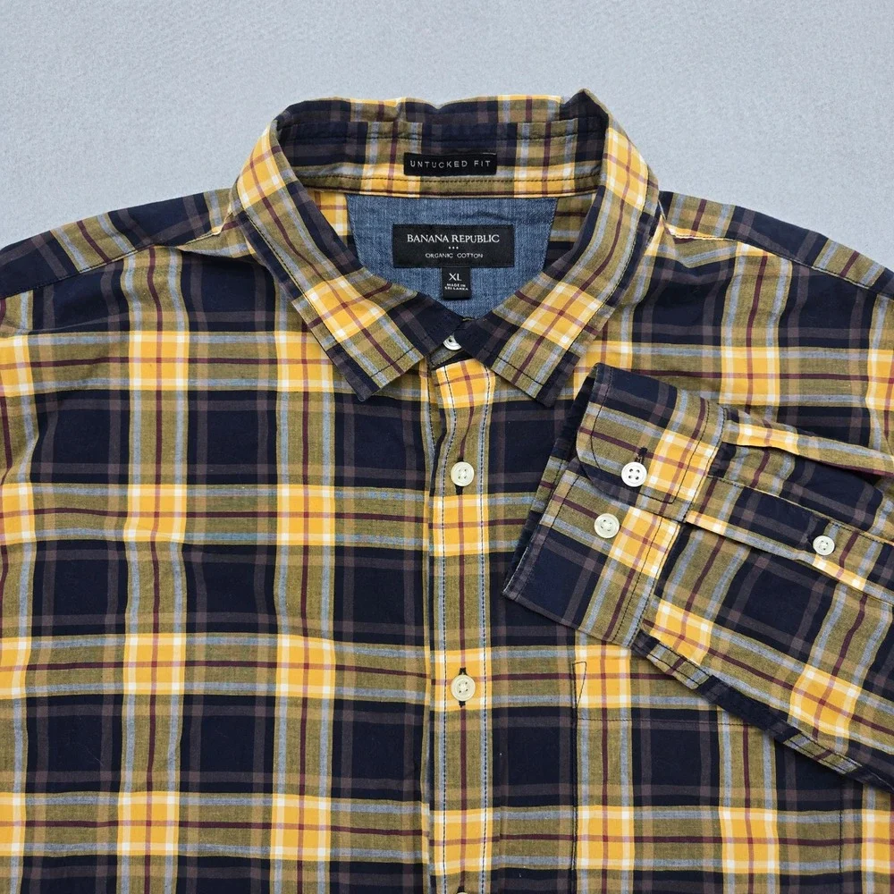 Banana Republic Plaid Untucked Fit Button Down Shirt Yellow Blue Cotton XL